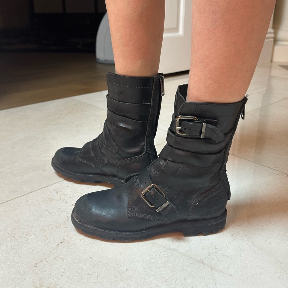 Diesel Distressed Leather Moto Boots | Black | Buckle Detail | Size 38 - Picture 2 of 7